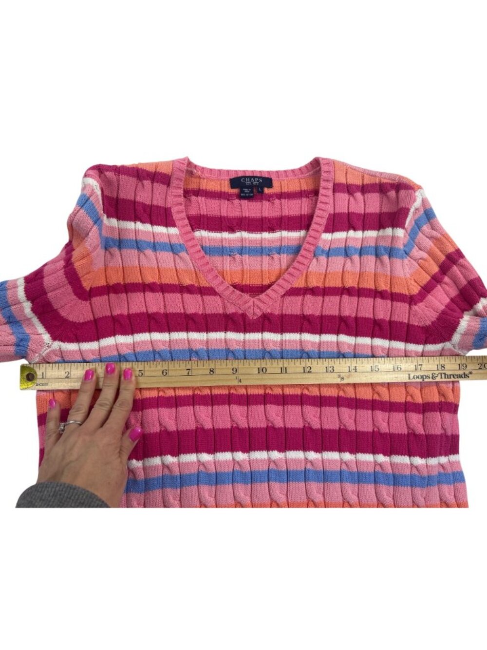 Chaps Women’s L V-Neck Cable Knit Sweater Striped Cotton Multicolor - Picture 8 of 10